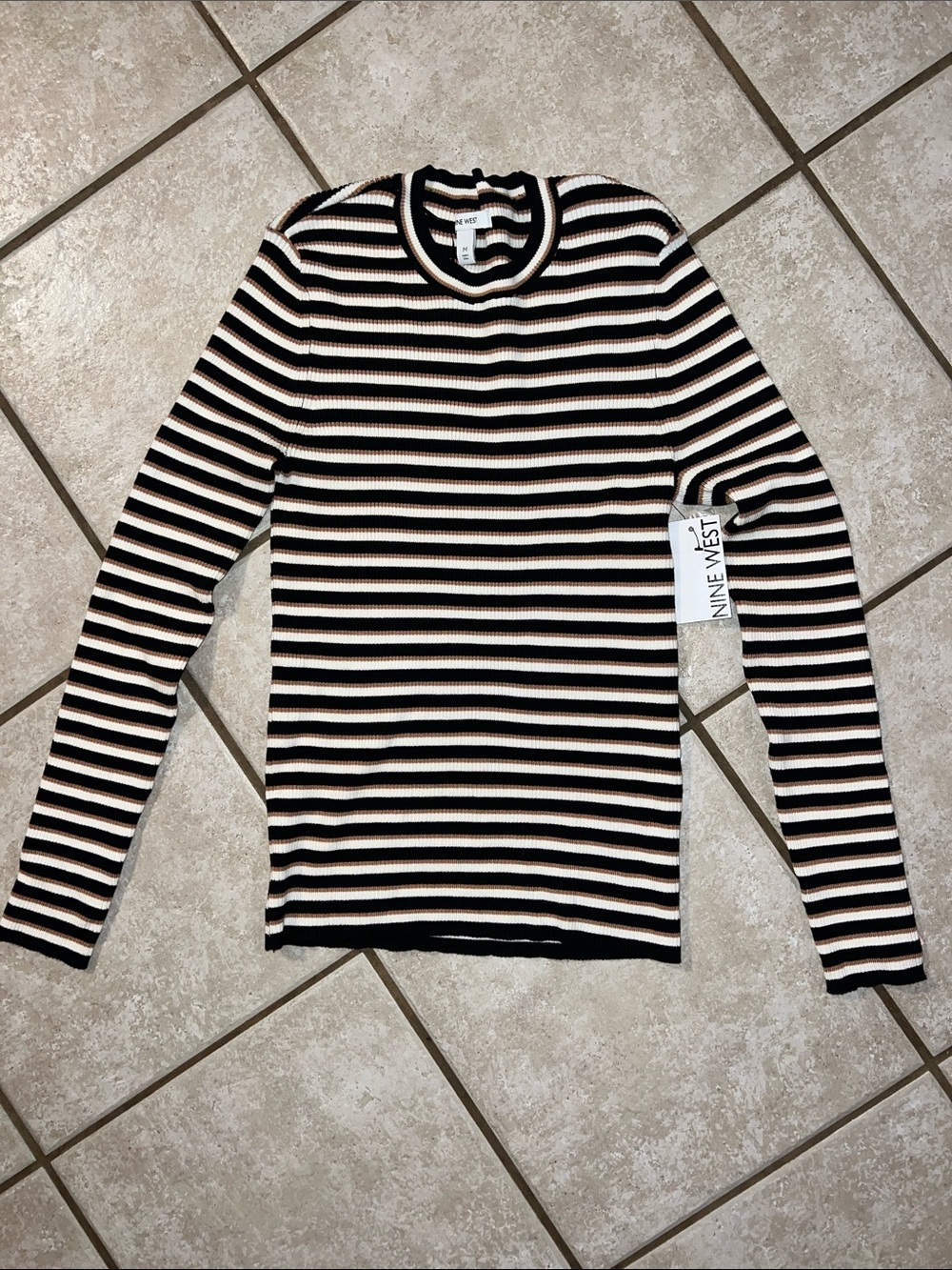 Nine West Striped Black and Cream Ribbed Long-Sleeve Tee